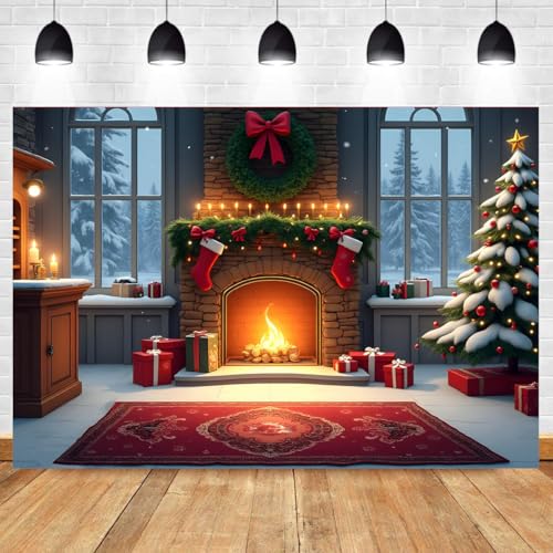 Christmas Fireplace Backdrop 7x5FT Winter Fireplace Xmas Tree Stockings Photography Background for Xmas Tree Gift Boxs Sock Decorations Christmas Party Banner Supplies - color: Red/Green