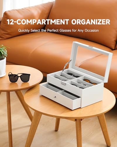 CO-Z Sunglasses Organizer with 12 Slots, Leather Eyeglasses Storage Box for Women Men, 2 Story Lockable Display Case for Multiple Glasses, Sunglasses Jewelry Collection Holder with Drawer, White - color: White