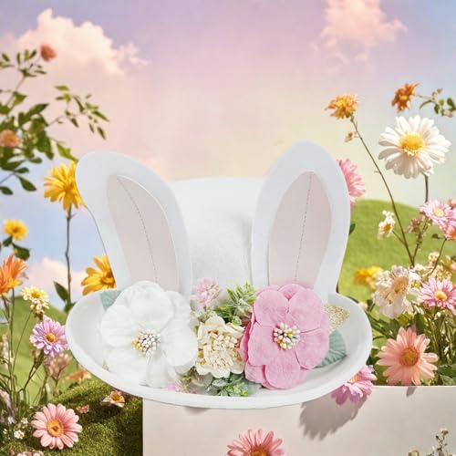 Cute Easter Bunny Ear Top Hat for Adults Rabbit Ears Cosplay Bucket Hat with Artificial Flower Costume Accessory - color: White