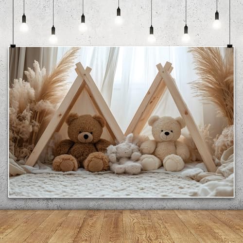 YongFoto Bear Theme Backdrop 7x5ft Tent Blanket Pampas Boho Photography Background Baby Shower Cradle Ceremony Kid Birthday Party Banner Baby Portraits Photoshoot Wallpaper Photo Studio Booth Prop - color: Style 1, size: 7ftx5ft