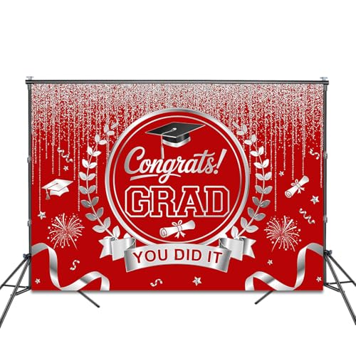 Graduation Backdrop Congrats Grad You Did It Party Decorations Background Congratulations Graduate Class of 2026 Banner Photo Booth Props (Red and Silver, 7x5ft) - color: Red and Silver