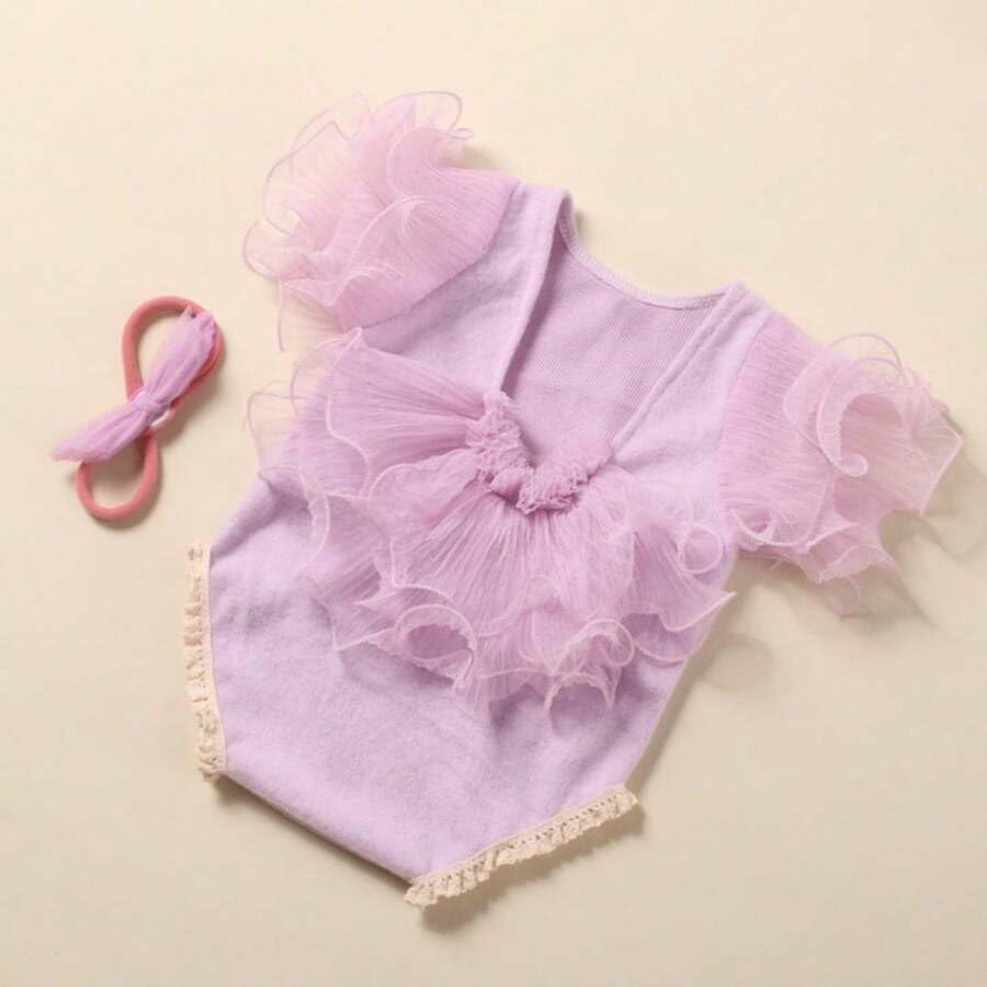 Newborn Photography Outfits Girl, Baby Girl Photo Props, Newborn Photoshoot Ruffles Outfits with Headband - color: Purple