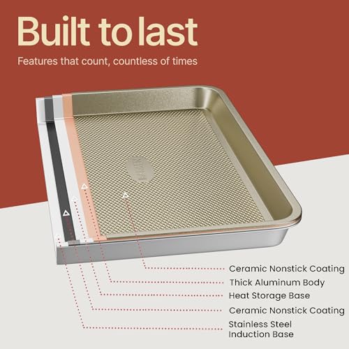 Diamond Bottom Cookie Sheet Set of 2, Nonstick Gold Carbon Steel Baking Pans for Crisp Baking, Space-Saving Stackable Trays, PFOA, PFOS, PTFE Free, Oven Safe Up to 450°F, Small & Medium Pans - color: Gold, size: Pack of 2