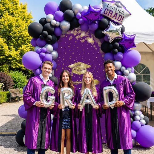 Tingjoo Purple Gold 2026 Graduation Decoration Class of 2026 6.6 ft Arch Backdrop Cover Spandex Photo Background Decor Double-Sided Round Top Backdrop Congrats Grad Decor for Graduation - color: Purple Gold