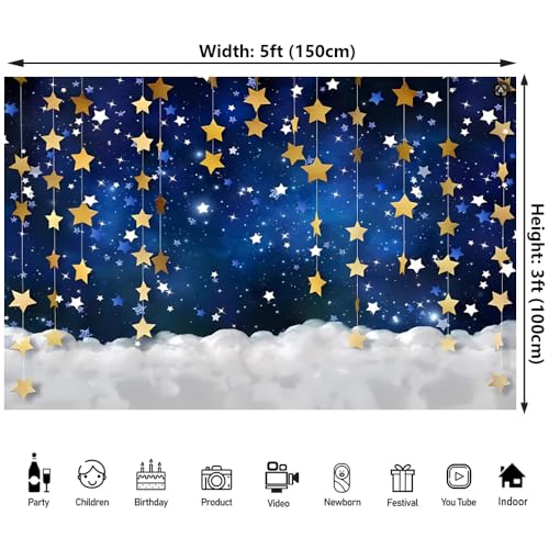 5x3ft Twinkle Little Star Backdrops Navy Blue Gold Stars with Clouds Photography Background for Baby Shower Gender Reveal Starry Night Party Decorations Banner Photo Booth Props - color: Blue-Star Clouds, size: 5x3ft