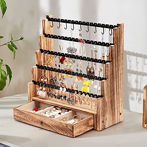 Pinzoveco Earring Organizer, 5 Layer Earring Holder Organizer with Necklace Holder Pole, Rustic Wood Jewelry Organizer Stand Display for Stud Earring Bracelet Necklace Ring, 175 Earring Holes - color: Rustic Brown