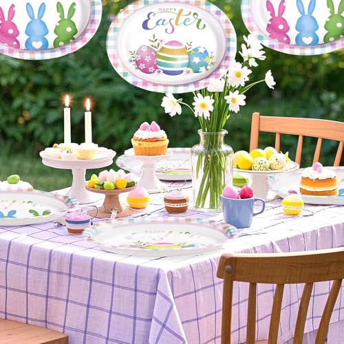 50 Pcs Easter Oval Paper Plates 10" x 12" Large Easter Bunny Egg Plates Heavy Duty Disposable Easter Rabbit Dinner Plates Colorful Plaid Platters for Spring Holiday Baby Shower Birthday Party Supplies - style: 50Pcs Easter Bunny Egg Oval Plates