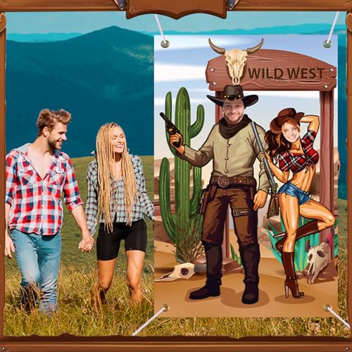 Tudomro 73 x 47 Inch Western Cowboy Backdrop Party Decorations Wild West Large Photo Booth Props Background Door Banner Cowboy Themed Funny Games Supplies for Birthday Party Men - style: Wild West