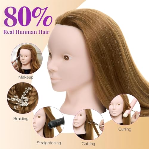 Mannequin Head with 80% Real Human Hair with Tripod Stand - 28" Makeup Cosmetology Manikin Doll Head for Hair Styling, Hairdressing Training Head for Braiding Practice Suitable for Hair Extensions - color: Brown &Tripod Set