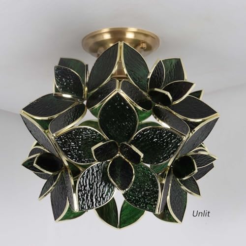 Bieye L11043 Flower Petals Tiffany Style Stained Glass Close to Ceiling Light for Home Decor (Textured Deep Green, 12" Rose Lily) - color: Textured Deep Green, size: 12" Rose Lily