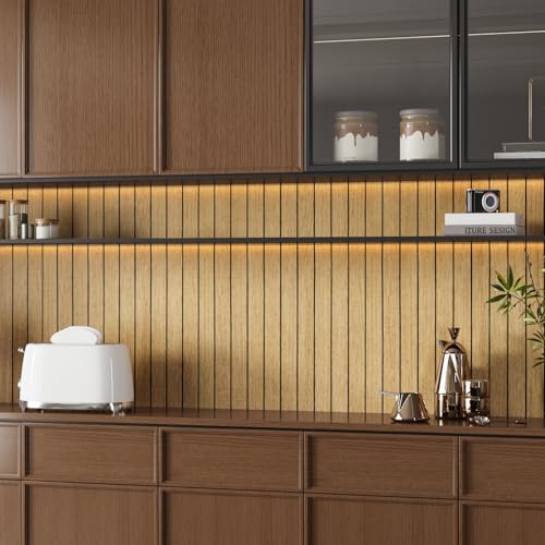 Peel and Stick PVC Slat Wall Panel Light Brown Wood Slat Foam Paneling Self-Adhesive Soundproof Wood Grain Wallpaper Vinyl Roll for Living Room TV Background Interior Wall Decor 11.8"x197"
