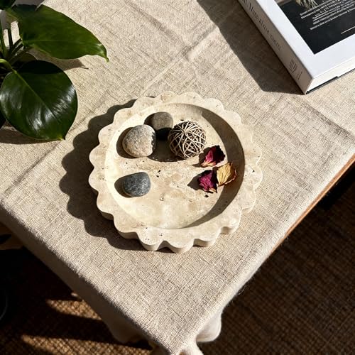 Natural Travertine Scalloped Edge Tray, 6.3"*6.3"Marble Ring Dish Jewelry Trinket Tray for Counter Dresser Nightstand, Home Decoration, Jewelry Storage,Women's Present (NS023)