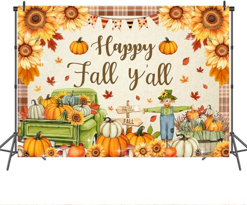 Mocsicka Happy Fall Y'all Backdrop Fall Party Background Banner Pumpkin Patch Maple Leaves Autumn Harvest Thanksgiving Decorations Banner Photo Booth (5x3ft) - size: 5x3ft