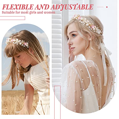 Retrowavy 2 Pcs Flower Girl Headpiece, Flower Girl Hair Accessories Rhinestone Crystal Princess Pearl Headband Bridal Hair Headband for Wedding First Communion(Pink) - color: Pink