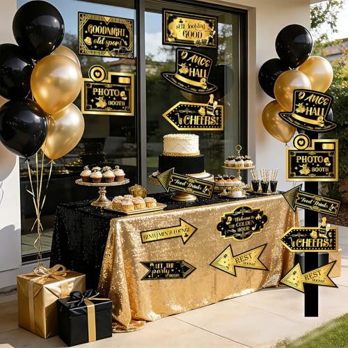 20PCS Roaring 20s Party Decorations Signs Black Gold 1920s Party Photo Booth Props Retro Jazz Party Yard Outdoor Wall Road Directional Sign for Roaring 20s Decors Speakeasy Party Supplies Favors - style: Roaring 20s