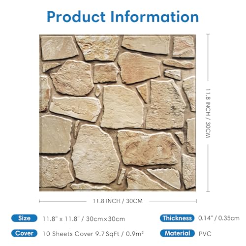 COMSTICKC 3D Faux Stone Wall Panel Peel and Stick Wall Covering, 10 Pcs of 12"X12", Ultra-Light Thin PVC Rock Adhesive Fake Stone Wall Stickers Backsplash Interior Decor, Brown - color: Brown-2