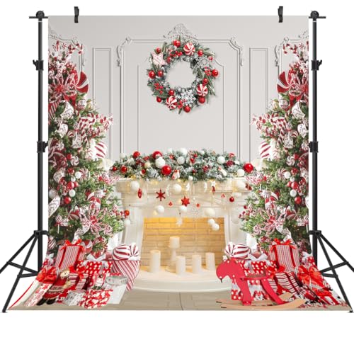 8x8 FT Christmas Fireplace Backdrop White Fireplace Red Xmas Tree Photography Background Winter Christmas Family Kids Holiday Party Theme Decorations Banner Photo Booth Props - size: 8x8 FT
