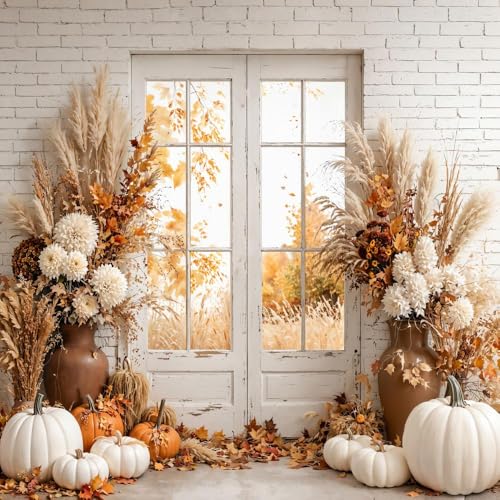 Kate Fall Photography Backdrops Autumn Harvest Pumpkin White Brick Wall Boho Theme Photography Props, 8x8ft