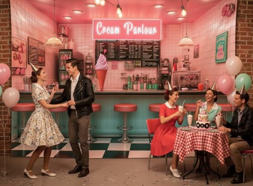 5X3ft Vintage 1950s Diner Backdrop Retro 50s American Soda Shop Ice Cream Bar Diner Photography Background 50s Party Decor Photo Booth Studio Props - color: Multi6, size: 5x3ft