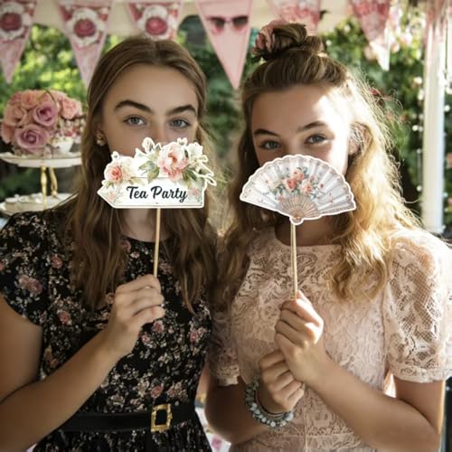 Tea Party Decorations, Tumwisk 24PCS Teacup Theme Photo Booth Props, Pink Selfie Props for Spring Garden Tea Party Bridal Shower Baby Shower Decorations Supplies Favor - color: Tea Party