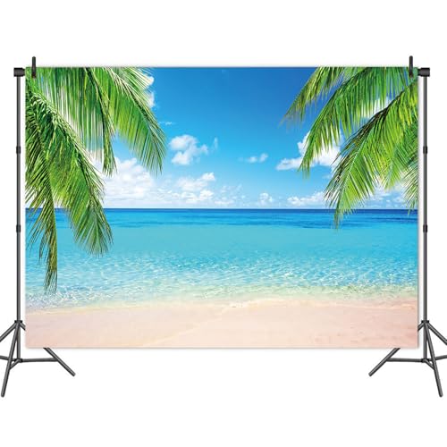 Summer Tropical Beach Photography Backdrops Seaside Island Palm Trees Photo Blue Sky White Clouds Background for Hawaii Pool Party Luau Theme Decoration Studio Props Banner (7x5 FT) - size: 7x5 FT