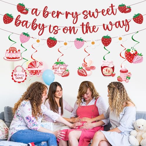 Strawberry Baby Shower Decorations - A Berry Sweet Baby Is on the Way Banners Cute Strawberry Decorations Strawberry Sweet Baby Hanging Swirls Ceiling Decor Girls - style: Strawberry