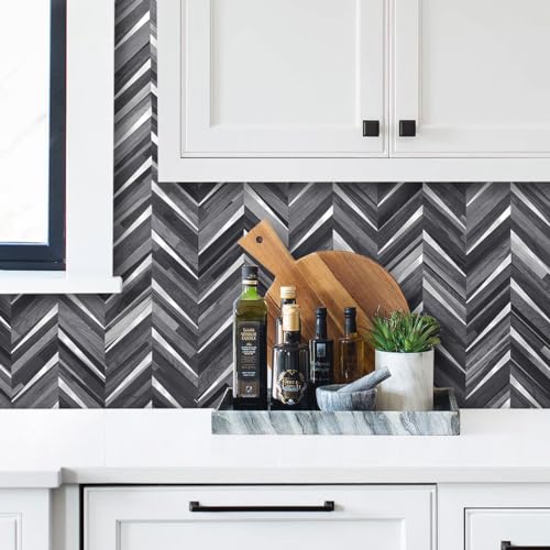 DICOFUN 10-Sheet Herringbone Peel and Stick Backsplash for Kitchen, Black & Grey Wood Look PVC Mixed Metal Chevron Stick on Backsplash Wall Tiles - color: Black Wood and Metal Silver, size: 10 Sheets, 12"x12"x0.12"