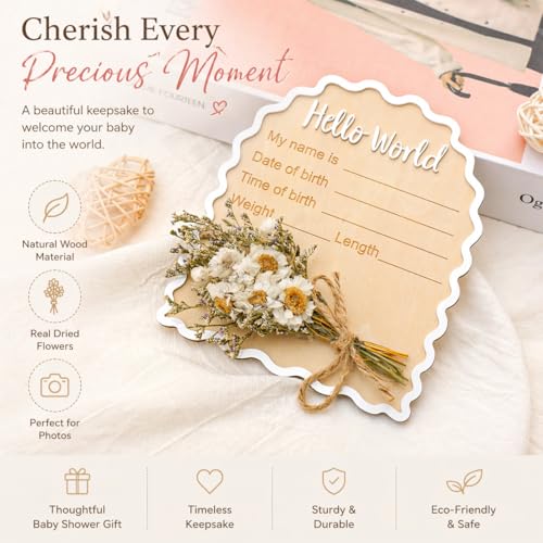 Wonhibo Daisy Newborn Announcement Sign - Baby Hospital Photo Prop Wooden Board Card with Real Pressed Flowers Hello World - color: Daisy Flower