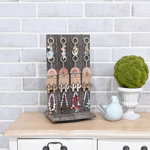 Ikee Design Wooden Rotating Two-Sided Jewelry Display Stand, Rotating Organizer with 32 Hooks for Store, Keychain Earring Display with Hooks, Coffee color, 9 W x 7.5 D x 16.5 H in - color: Coffee, 1 Piece, Standard Hook