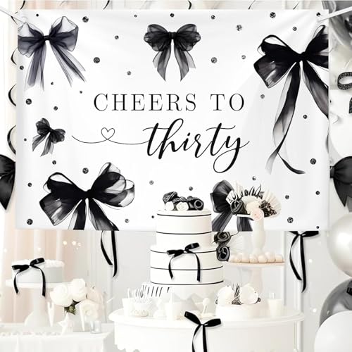 MEHOFOND Coquette 30th Birthday Backdrop for Women Cheers to Thirty Photography Background Black Bow Theme Birthday Party Banner 30 Years Celebration Party Photo Props 6x3.6ft - color: Black, size: 6x3.6ft