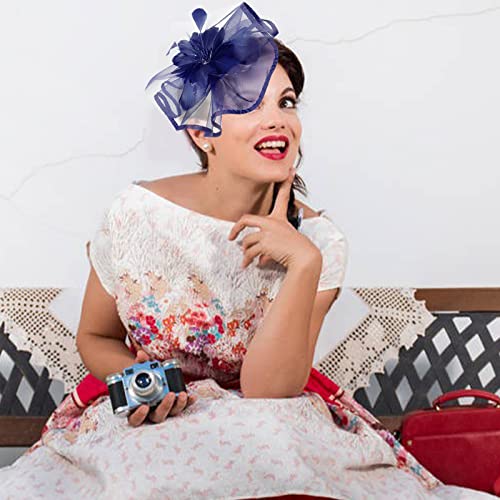 Fascinators Hats with Gloves Set for Women 20s 50s Cocktail Tea Party Wedding Costume Headwear - color: C-navy