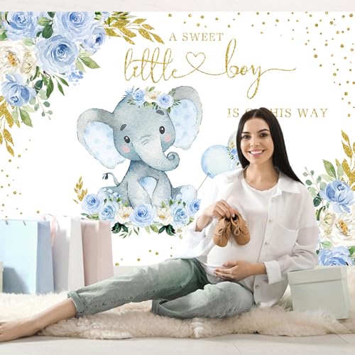 InMemory Cute Elephant Baby Shower Backdrop Watercolor Flower It's A Boy Oh Baby Shower Party Decorations Photography Background Floral Little Peanut is On The Way Wall Banner 7x5ft - color: Blue Gold, size: 7x5ft