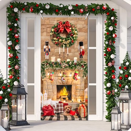 Buryeah Christmas Door Cover Decoration Christmas Fireplace Door Cover Xmas Nutcracker Banner Backdrop Photo Booth Prop Background for Winter Xmas Holiday New Year Party 6.5 x 3 Feet(Bright) - style: Bright