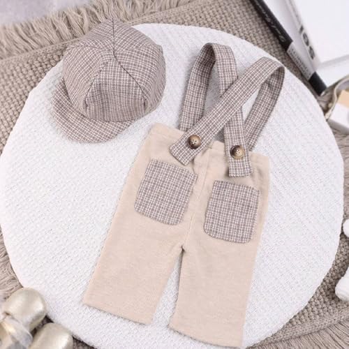 Newborn Baby Boy Suspender Pants Photo Outfits Gentleman Photography Outfit Girl - color: Beige