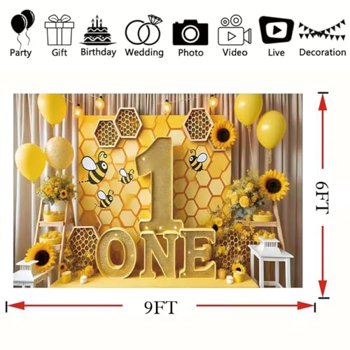 Bee 1st Birthday Backdrop Sunflower Balloons One Birthday Background Kids Girl Bee Birthday Party Decorations Baby Shower Party Banner Cake Table Photo Booth Props (D, 9X6FT) - color: D, size: 9X6FT