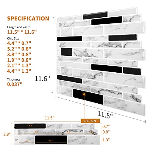 WOWSTAR 10-Sheet Peel and Stick Backsplash Tile for Kitchen Wall, Back Splash Stick On Tiles for Kitchen (12"x12", White Marble) - color: White Marble