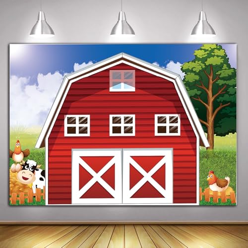 Cartoon Farm Photography Backdrop Animals Rustic Farmhouse Red Barn Photo Background for Kids Birthday Party Decoration Barnyard Baby Shower Newborn Photobooth Banner (10x8 FT) - size: 10x8 FT