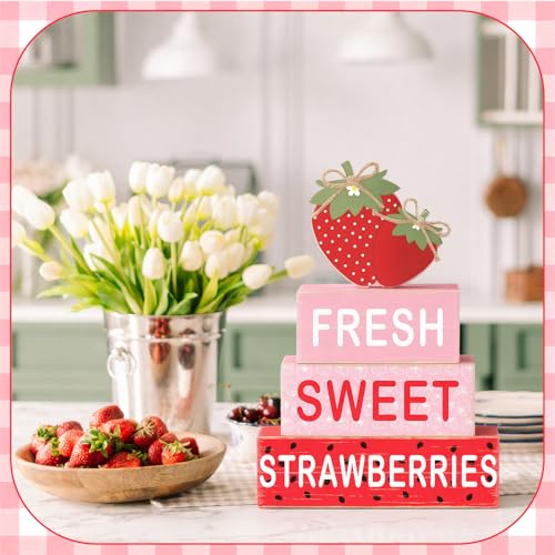 GlikCeil 4 Pcs Strawberry Table Decoration Summer Wooden Tiered Tray Decor Set Strawberry Wood Block Table Sign Centerpieces Farmhouse Rustic Summer Tabletop Decors for Home Office Desk Shelf Decor - style: Strawberry