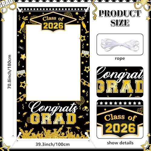 AIBIIN Class of 2026 Graduation Photo Backdrop Black and Gold Graduation Decorations Congrats Grad Party Decoration for High School College