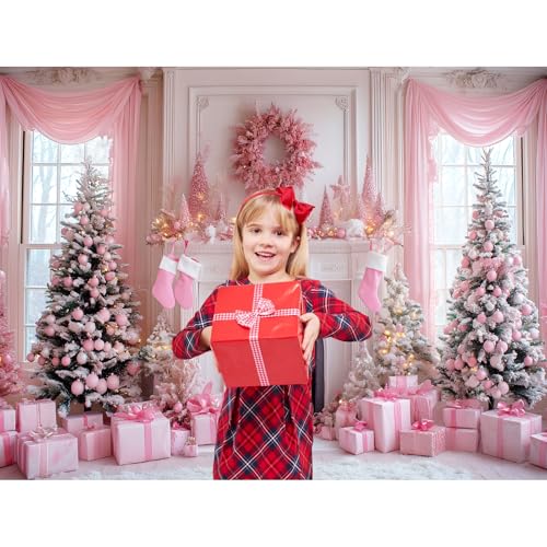 AIBIIN 8x6ft Pink Christmas Backdrop Pink Christmas Tree Fireplace Photography Background Winter Snow Scene Birthday Baby Shower Vinyl Photo Studio Props - color: Fireplace, size: 8x6ft