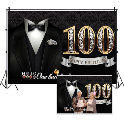 5x3ft Men 100th Birthday Backdrop Gentleman Black Tuxedo Suit Shiny Diamond Hello One Hundred Damask Floral Photography Background for Grandpa Father Birthday Party Decors Cake Table Banner - color: black gold 100, size: 5x3ft