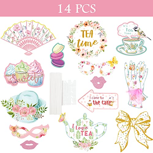 SUNBEAUTY 14 Pcs Tea Party Photo Booth Props Tea Party Decorations Alice in Wonderland Party Supplies Garden Party Bridal Shower for Girls Women - color: Photo Booth Props-tea Party