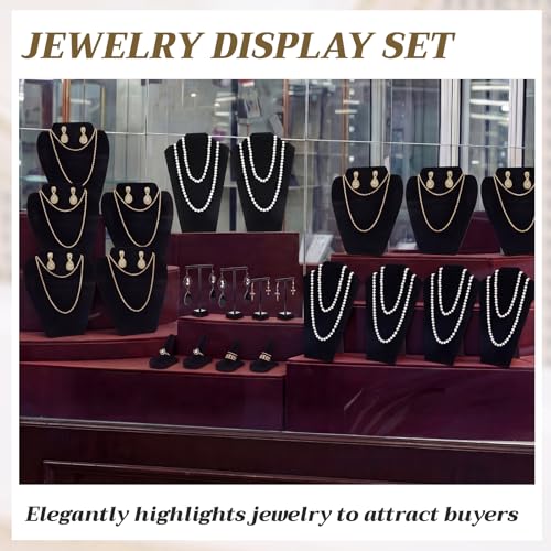Geelin 19 Pcs Velvet Jewelry Display Set for Flat Necklace Stand 3-tier Bracelet Stand Earrings Holder Ring Finger Holder(Classic)
