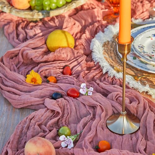 DOLOPL Dusty Rose Cheesecloth Table Runner 13.3ft Boho Gauze Cheese Cloth Table Runner Rustic Sheer Runner 160inch Long for Wedding Bridal Baby Shower Birthday Party Cake Table Decorations - color: Dusty Rose