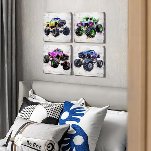 Monster Truck Canvas Wall Art for Boys Room Decor Vintage Car Posters Kids Wall Art, Watercolor Trucks Poster for Boy Bedroom Playroom Vehicle Wall Decor Nursery Paintings Home Decoration 12×12" 4 Pcs - color: Monster Truck, size: 12"l X 12"w