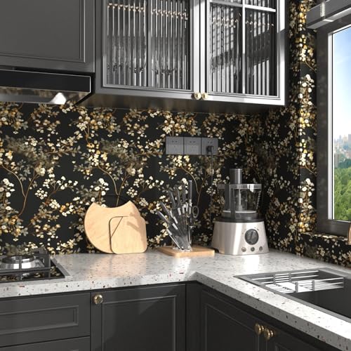 Fvlow Moody Black Dark Floral Peel and Stick Wallpaper Waterproof Contact Paper, Self Adhesive Vinyl for Living Room Bedroom Bathroom, Removable Wall Covering Furniture Decor, 17.4" x 197" Muted Gold - color: Black/Muted Gold, size: 17.4" x 197"