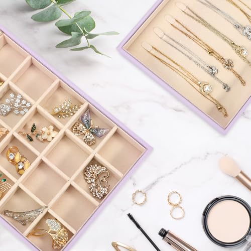 Voova Stackable Jewelry Organizer Tray with Lid, PU Leather Jewelry Storage Holder for Drawer Inserts, Jewellery Display Box Case for Earring Necklace Ring Watch Bracelet (Set of 4, Lavender) - color: Lavender