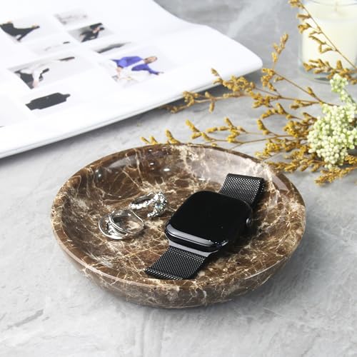 Small Natural Marble Jewelry Tray Key Plate Holder Dish Trinket Decor Catch All Bowl for Ring Earring Stone Gift for Women Daugther,Dark Brown,5.5" - color: Dark Brown