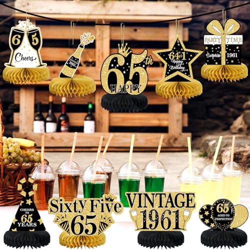 9Pcs 65th Birthday Decorations Honeycomb Centerpieces for Men Women, Black Gold Happy 65th Birthday Centerpieces Tables Toppers Party Decorations Supplies, Vintage 1961 Aged Table Sign Decor - color: Black Gold 65th