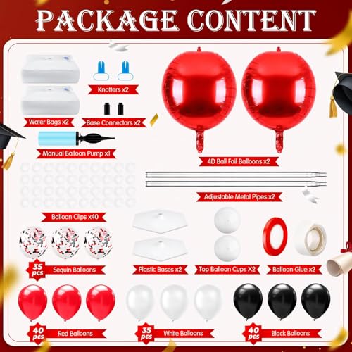 2 Sets Red Black and White Graduation Balloon Column Stand Kit for Class of 2026, Adjustable Floor Balloon Arch Tower with Foil & Latex Balloons, DIY Decor for Grad Ceremony Backdrop - color: Red and Black White